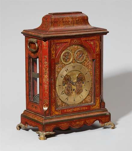 A rare bracket clock made for the Ottoman marketRed lacquer and gilding on hardwood/oak corpus,