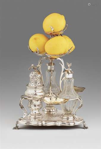 An Augsburg Rococo silver cruet setSilver; glass flacons. Silver cruet set with two silver mounted