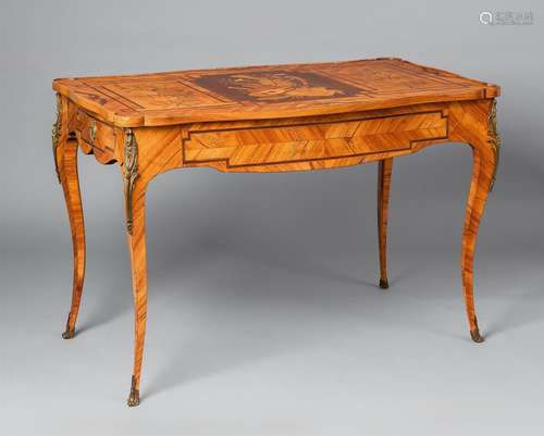 A Transition style tableRosewood, amaranth, plum, maple, fruitwood, and tinted wood on oak veneer,