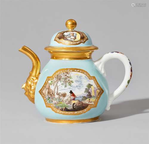 An early Meissen porcelain teapot with pastoral landscapesRounded form with gilt spout and handle