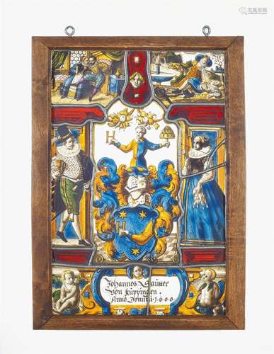 A stained glass panel with a depiction of a coupleColourless glass with grisaille and silver