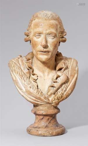 A plaster portrait bust of a manLife-sized polychrome bust of a man facing slightly towards the left