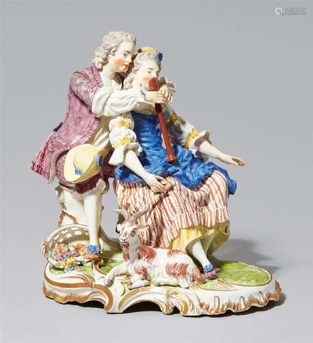 A Frankenthal porcelain group, the flute lessonTwo-figure group with a shepherd and shepherdess on a