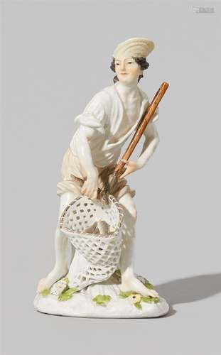 A rare Meissen porcelain figure of a fisherman with his netFigure of a young fisherman standing on