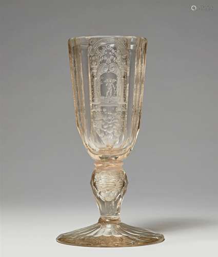 A rare Silesian glass goblet with allegorical scenesThe hexagonal cuppa decorated to three faces