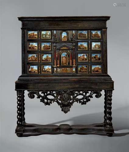 An Italian cabinet with eglomisé panelsReverse glass oil painting, tortoiseshell, ebony and ebonised