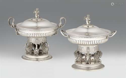 A pair of important silver tureens made for Grand Duke Georg von Mecklenburg-StrelitzSilver; gold-