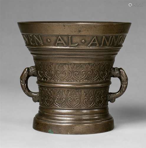 A mortar dated 1637Golden brown cast bronze with dark brown patina. Decorated with two wide bands of