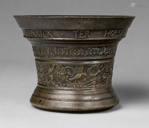 Dated mortar from Henrick Ter HorstThick golden brown cast bronze with shimmering silvery-brown