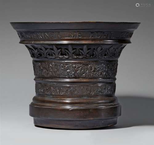 A large signed and dated Flemish apothecary mortarThick cast bronze with chocolate brown patina.