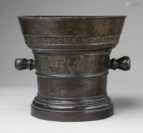 A signed Coesfeld mortar dated 1662Cast bronze with dark brown patina. Of tapering form with a thick