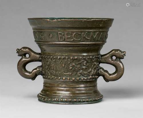 A dated mortar made for Detmarus BeckmanCast bronze with greenish shimmering dark brown patina.