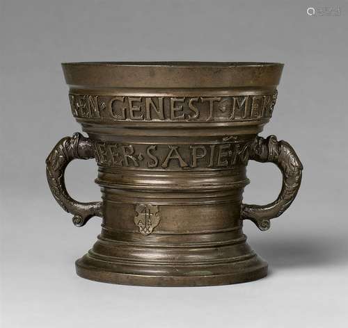 A rare Aachen mortar dated 1558Cast bronze with fine golden brown patina. With numerous bands of