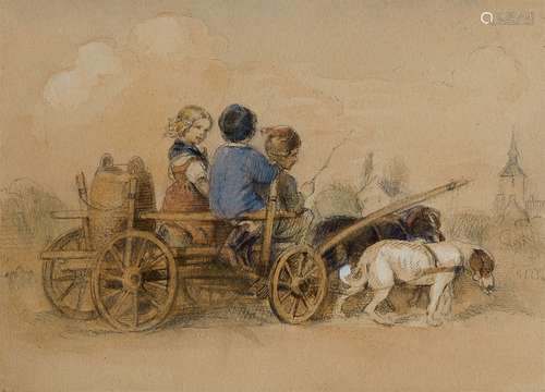 Ludwig RichterChildren in a Dog-Drawn CartWatercolour over pencil drawing. 10 x 13.5 cm.Framed.