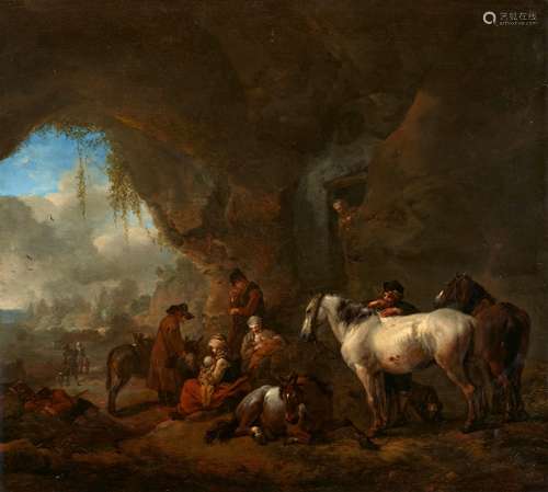 Philips WouwermanTravellers Resting in a GrottoOil on panel (parquetted). 36 x 40 cm.Monogrammed