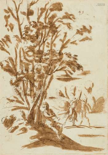 Francesco AllegriniA Shepherd playing a Flute and a Dancing Maenad with PanBrown ink and wash.. 21.5