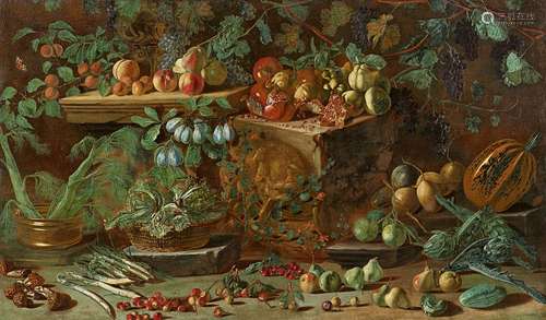 Pietro Paolo BonziLarge Still Life with Fruit and VegetablesOil on canvas (relined). 117 x 197 cm.