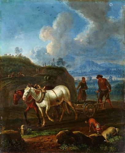 Johannes Lingelbach, attributed toPeasant Couple Ploughing the FieldsOil on canvas (relined). 18.3 x