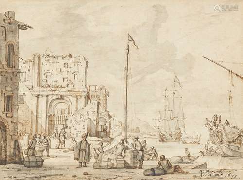 Abraham StorckTwo Harbour ScenesBrown ink and grey wash. Each 14.3 x 18.3 cm.Framed under glass.Both