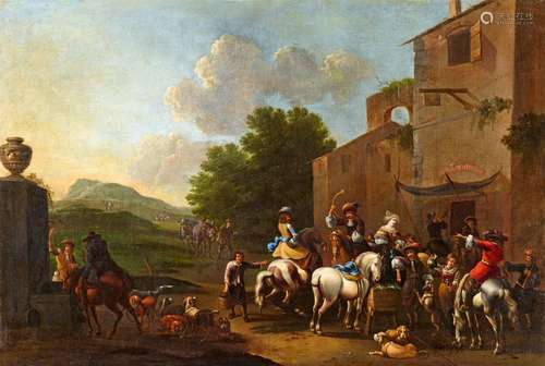 Simon Johannes van DouwLandscape with a Hunting Party by a TavernOil on canvas (relined). 81.5 x 120