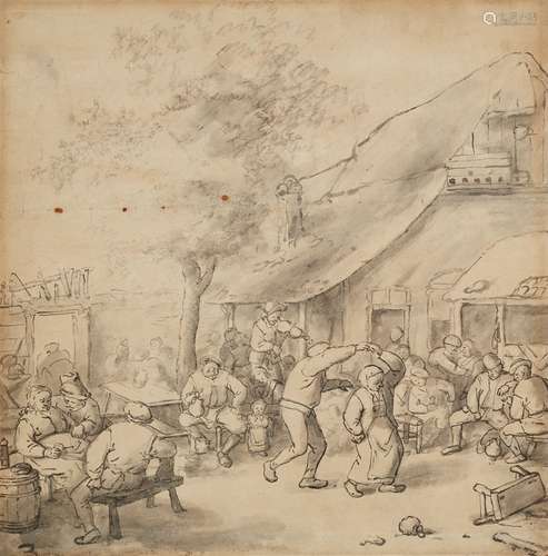 Jan de GrootPeasants Dancing by a TavernGrey ink and wash.. 31.4 x 31.2 cm..Framed..