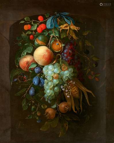 Pieter GallisGarland of Fruit, Berries, and Corn in a NicheOil on canvas (relined). 51 x 40.5 cm.