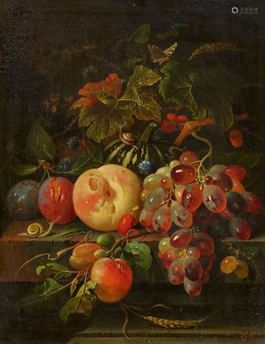 Abraham MignonStill Life with a Pumpkin, Peach, Damsens, Grapes, and InsectsOil on panel.. 34 x 26.5