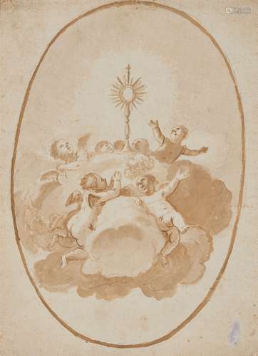 Luca Giordano, attributed toPutti flying amidst Clouds in adoration of a MonstranceBrown wash on