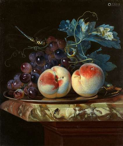 Willem van AelstStill Life with two Peaches and Grapes on a Pewter Plate with a Dragonfly on a