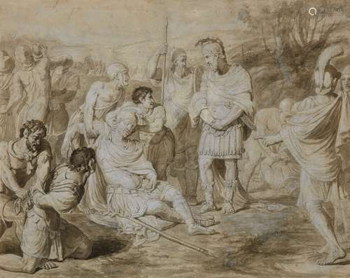 Luca Penni, attributed toScenes from a Story of AntiquityBrown ink and wash and white chalk on