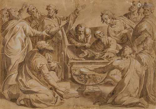 Roman School 17th centuryThe Twelve Apostles at the GraveBrown ink and wash on paper, mounted to a