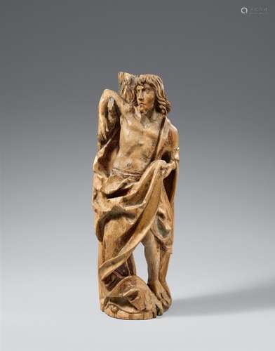 A carved limewood figure of Saint Sebastian by Jakob MaurusCarved three-quarters in the round and