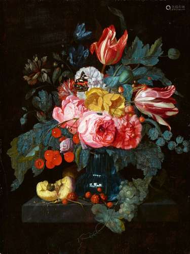 Johannes HannotFlower Still Life with Roses and Tulips in a Glass Vase on a Stone SlabOil on