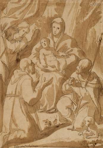 North Italian School 17th centuryMadonna with Child and two SaintsBrown ink on paper. 30 x 20.5 cm.