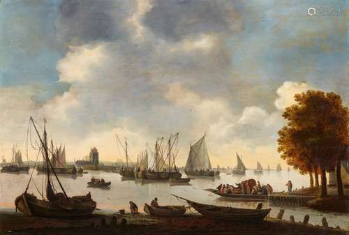 Hendrick de MeijerShips on the Merwede with Dordrecht on the HorizonOil on panel.. 72.5 x 106 cm.