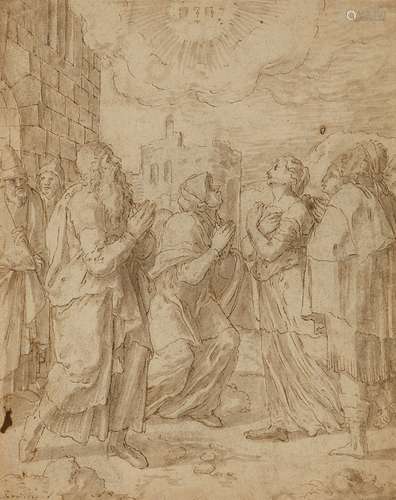 Karel van Mander, circle ofAnna and Joachim at the Golden GateBrown ink. 25.5 x 20.2 cm.Inscribed