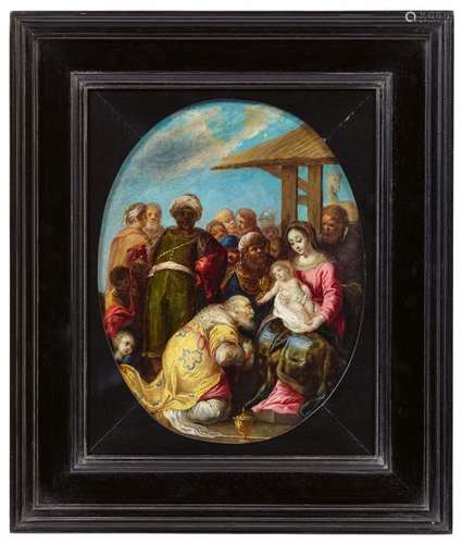 Flemish School 17th centuryThe Adoration of the MagiOil on copper. 22.5 x 18 (oval).