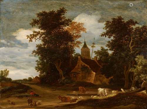 Jacob Salomonsz. van RuysdaelWooded Landscape with a Church Spire and CattleOil on panel.. 50.3 x 67