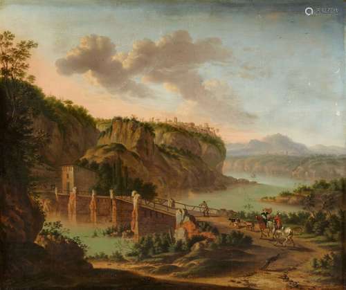 Horatius de HoochSouthern Landscape with Hunters by a BridgeOil on canvas. 88 x 103.5 cm.Signed