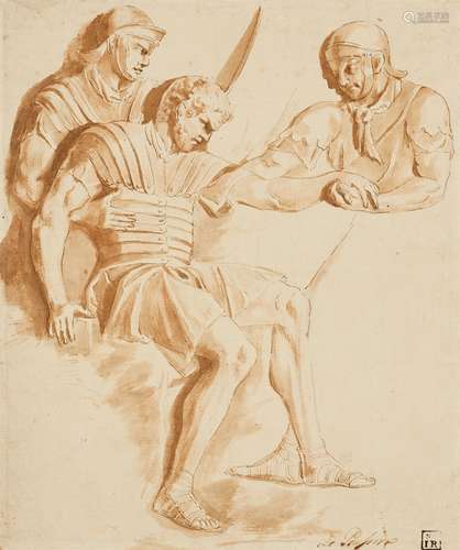 Nicolas PoussinWounded Soldier - A Motif from Trajan´s ColumnInk in brown and wahs, mounted on