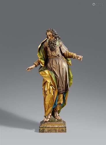 A carved wooden figure of Saint Joachim attributed to Michael Zürn the ElderCarved three-quarters in