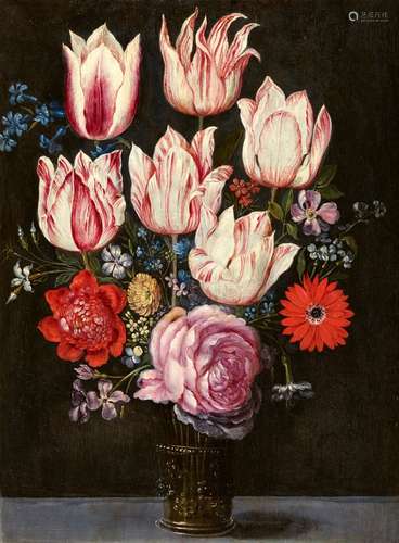 Philipp Marlier and workshop, attributed toFlower Still Life with Tulips in a Glass VaseOil on