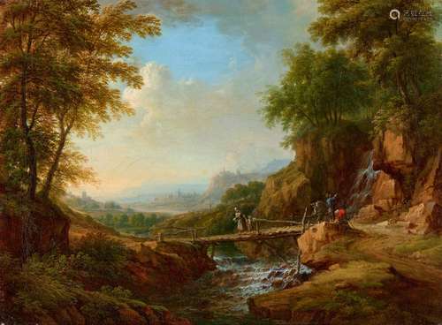 Christian Georg Schütz the ElderTwo Landscapes with Travellers and ShepherdsOil on canvas (relined).