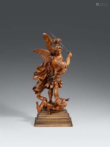 A Bavarian carved boxwood figure of Saint Michael, around 1700Carved in the round and partially