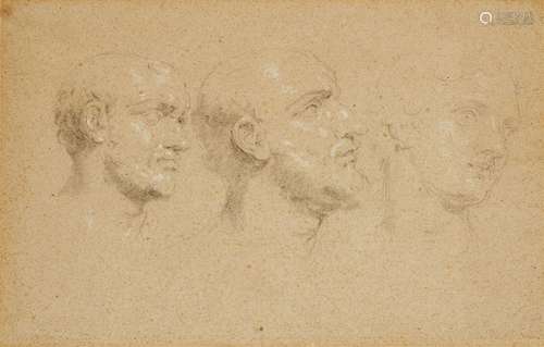 Pompeo Batoni, attributed toThree Studies of HeadsBlack and white chalk on tinted paper.. 25 x 39