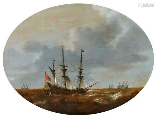 Netherlandish School 17th centuryMaritime Scene with Three-MastersOil on panel.. 36.5 x 49 cm (