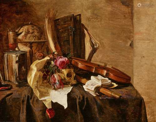 Jacques de ClaeuwVanitas Still Life with Books, Flowers, a Skull, Globe and ViolinOil on panel..