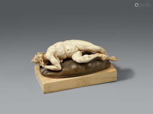 A carved ivory figure of an old woman (Personification of Envy?), by the workshop of the Master of