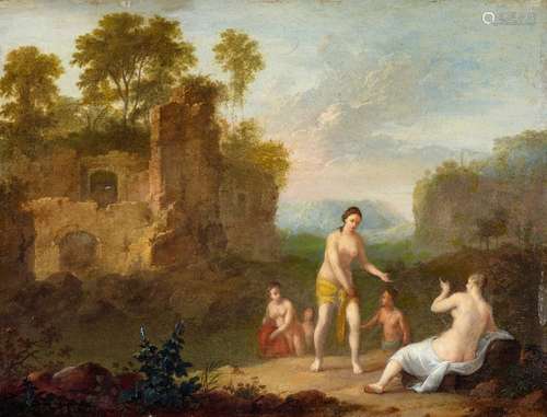 Cornelis van Poelenburgh, attributed toLandscape with NymphsOil on copper. 23 x 29.7 cm.