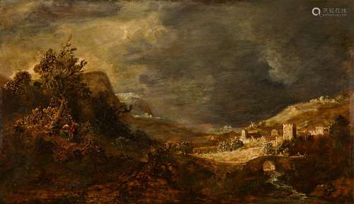 Govaert Flinck, attributed toLandscape with a Stone BridgeOil on wood. 26.4 x 46.5 cm.